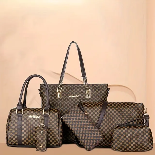 6 piece bag set: Tote, Boston, Clutch, PU leather shoulder with texture - universal for everyday wear