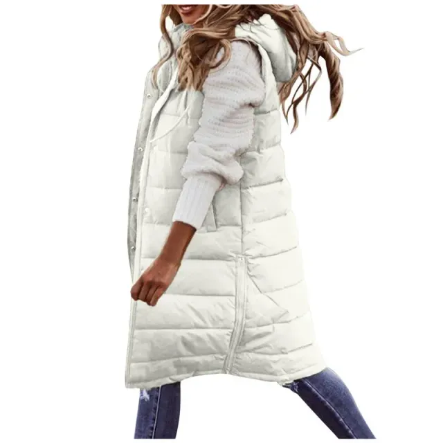 Long women's outdoor vest with hood and feather stitching