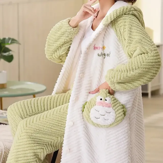 Warm robe with hood and cartoon motif, long bathrobe with buttons and pockets