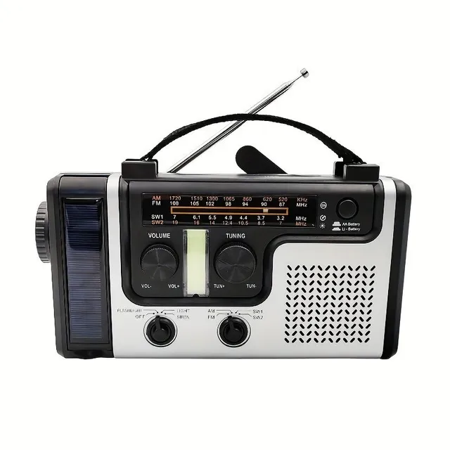 Emergency radio with click charging and solar panel, AM/FM/KV multifunctional, with LED lamp, reading lamp, alarm clock and mobile phone charging function.