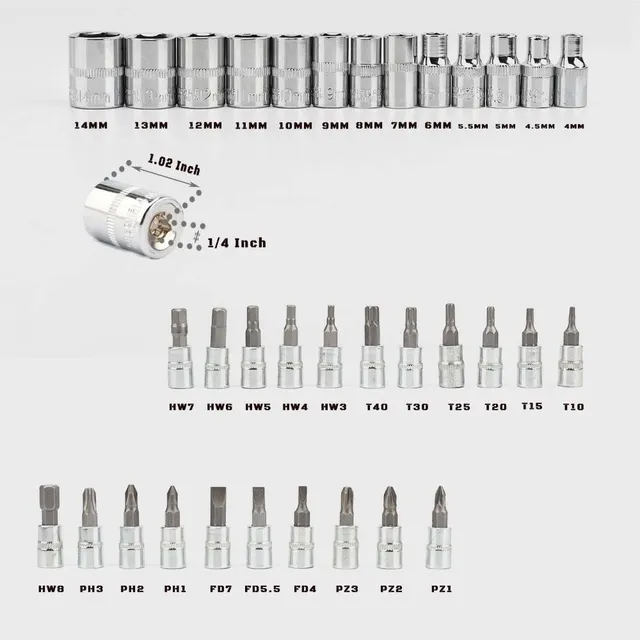 46 piece Ráčnová set with 1/4" sockets - Metric, with Cr-V heads 4-14 mm, extension adapters, for home car repairs