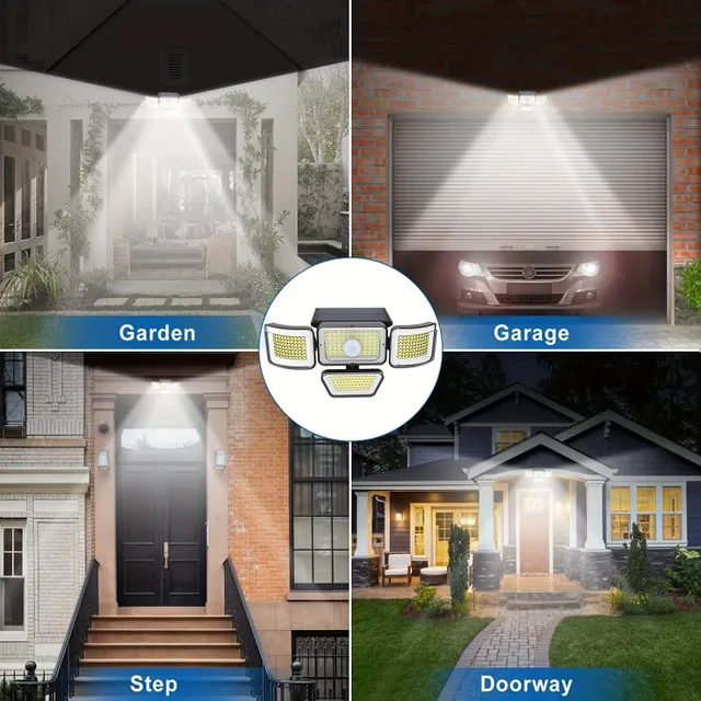 Outdoor solar light with motion detector, 278 LED, 3000 lm, 6500 K, 4 heads, IP65 waterproof, 300° wide angle with 3 modes