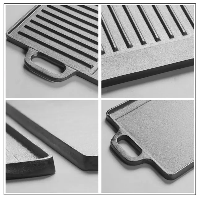 Double-sided cast iron grilling and teppanyaki pan with rectangular shape