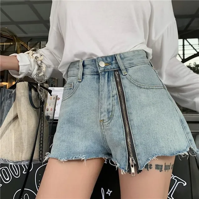 High waisted denim shorts with ripped edge zipper