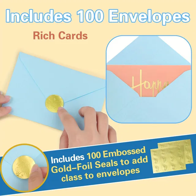 100pcs, Wishes, Envelopes, Self-adhesive Stickers, Unique Goldsmiths Birthday Wishes With Envelopes and Stickers, Creative Small Gift Festive Supplements, Wishing Birthday Needs for Celebrations Birthday, Needs for Decorating Parties and Celebrations to t