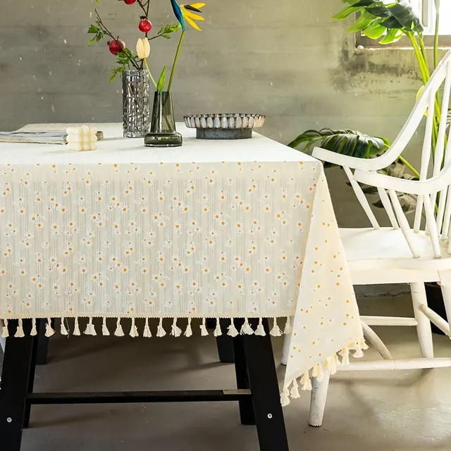 Ubrus macramé, small, fresh style, pasture decoration table, rectangular with pattern flowers daisies, dustproof tablecloth with fringes