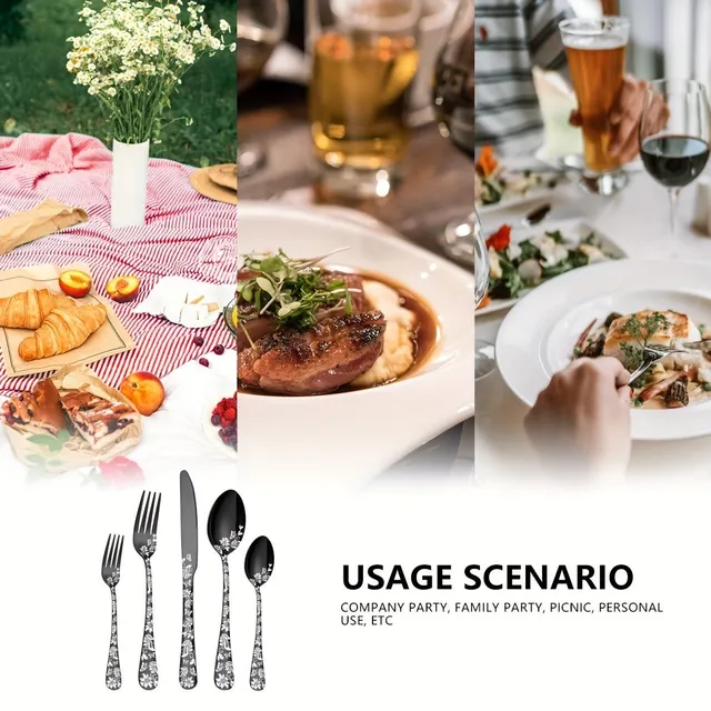Modern stainless steel cutlery with floral pattern - for home and restaurant