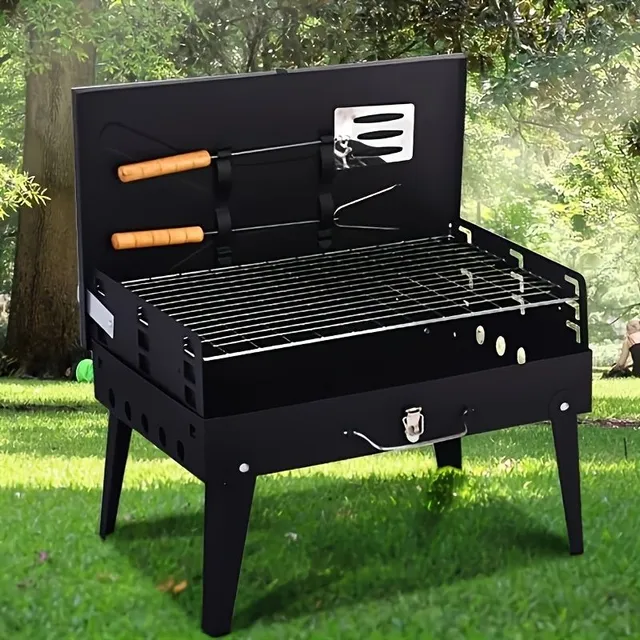 Unit, Portable Folding Grill On Wooden Coal With Tools On Barbecue