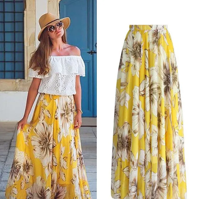 Women's Long Skirt with Flowers Žlutá S