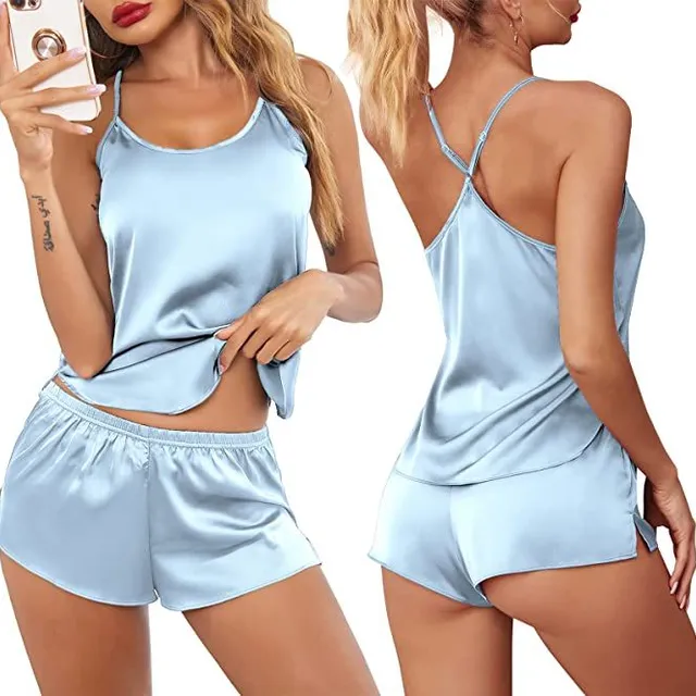 Women's sexy modern satin pyjama set with crossed back and shorts Celin