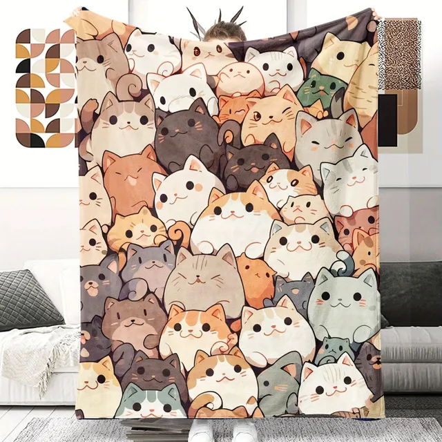 Stuffed flannel cat print throws, soft blankets for sofa, couch, office, bed, camping and travel.