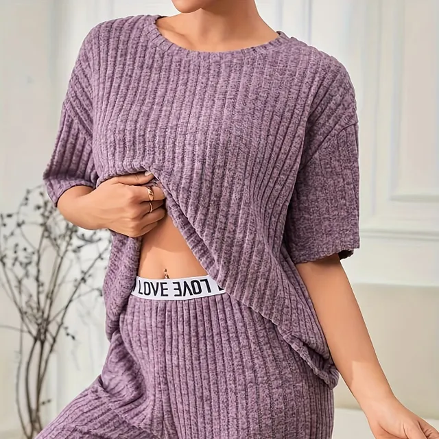 Women's two-piece set, single-colour ribbed knit, short sleeves, round neckline and trousers with hem