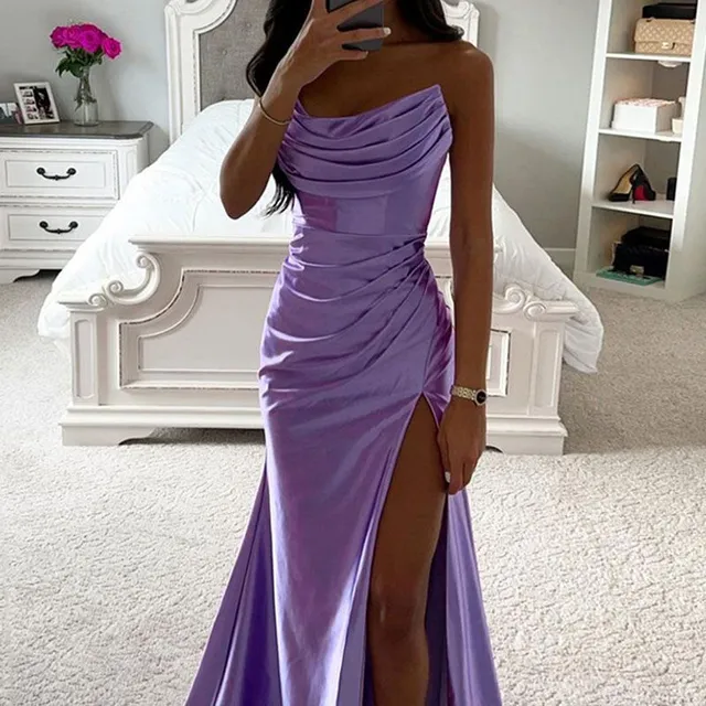 Fabulous satin silk ball gown with slit purple m