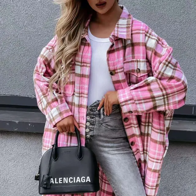 Long plaid coat with long sleeves in wool blend bright-pink m