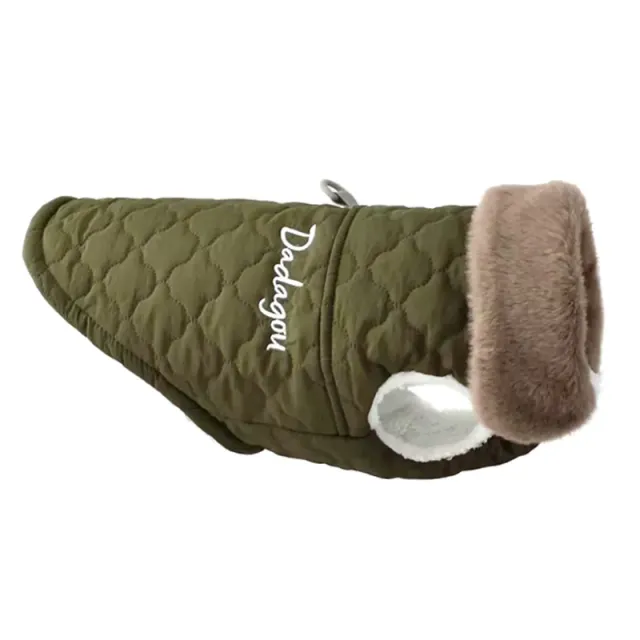 Waterproof warm quilted vest for dogs with plush collar and inscription