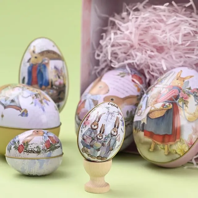 Praktické plechovky na cukroví ve tvaru vajíčka s velikonočním motivem