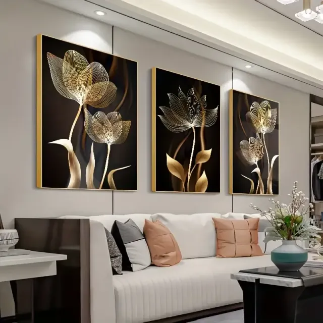 3 part abstract painting on canvas with black and gold flowers, living room decoration, 40x60 cm, no frame