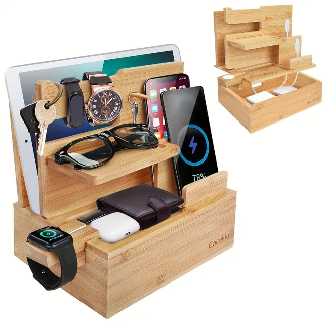 Bamboo Electronic Accessories Storage Box Charging Doc For Mobile Phone Holder for Storage To Office Holder On Bed