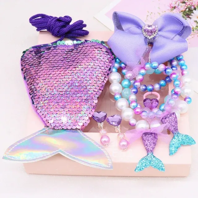 Little girl's slippery purse shaped like a mermaid and pearl accessories