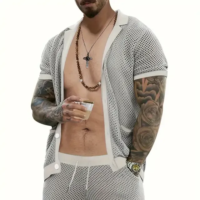 Breathable knitted or crocheted men's set with t-shirt and shorts with broken design