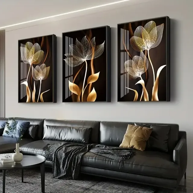 3 part abstract painting on canvas with black and gold flowers, living room decoration, 40x60 cm, no frame