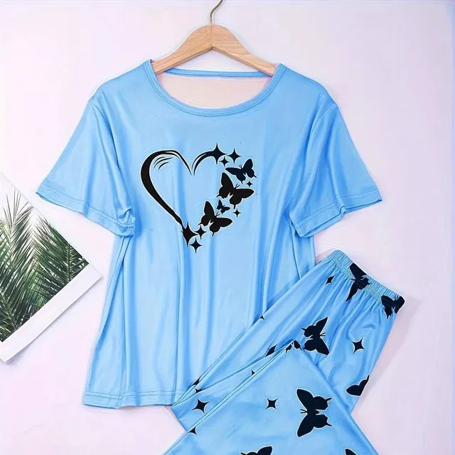 Women's sleeping and lounging kit with the printing of hearts and butterflies: comfortable short sleeve and loose long trousers