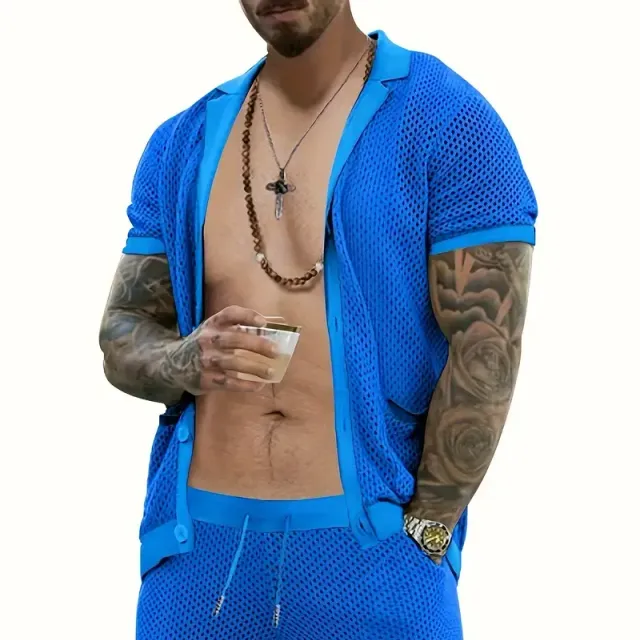 Breathable knitted or crocheted men's set with t-shirt and shorts with broken design