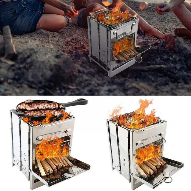 Skládací gril na dřevo - Kempingový vařič z nerezové oceli s grilem na piknik na zahradě