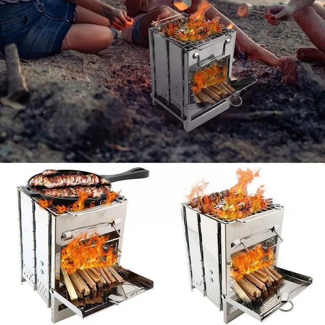 Folding wood grill - Stainless steel camping stove with barbecue for picnic in the garden