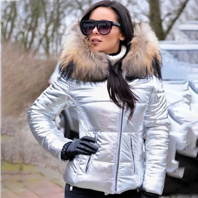 Women's luxury elegant down jacket with large hood decorated with long fur Knight