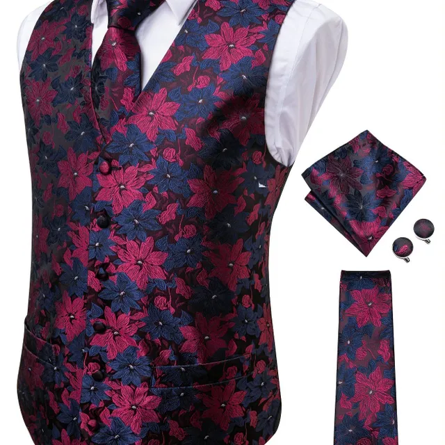 Male vintage sleeveless vest with elegant cut and floral pattern, formal set - vest, tie, cuff links and handkerchiefs