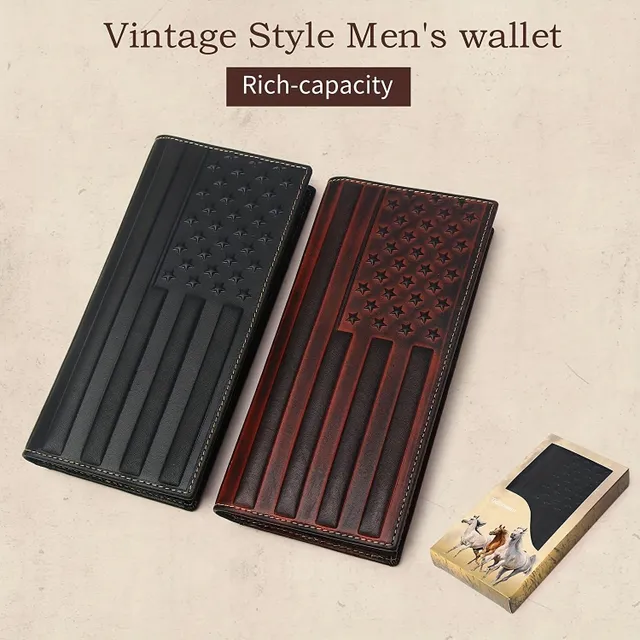 Western cowboy-style money pocket with a banged flag of the United States, long multi-card wallet