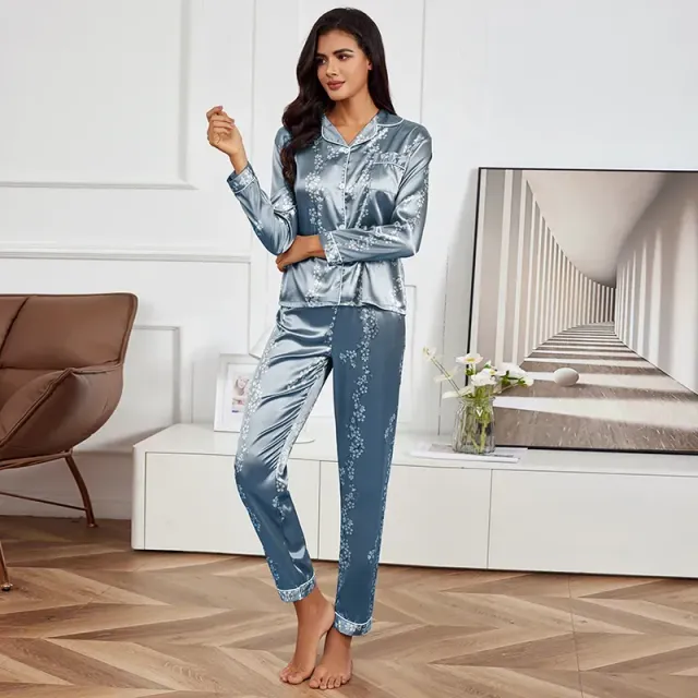 Pijama de damă din satin de mătase pentru primăvară/toamnă - Mâneci lungi și pantaloni