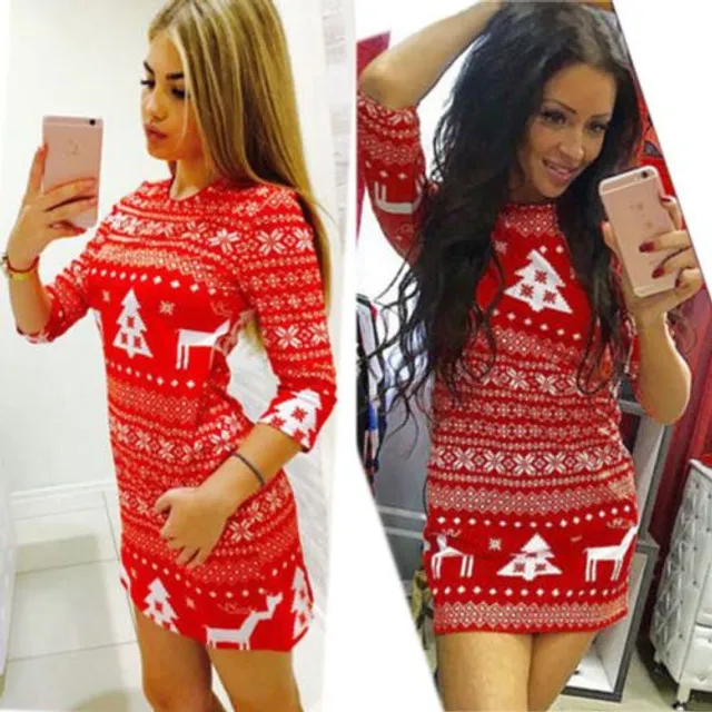 Christmas mini dress with reindeer and tree pattern