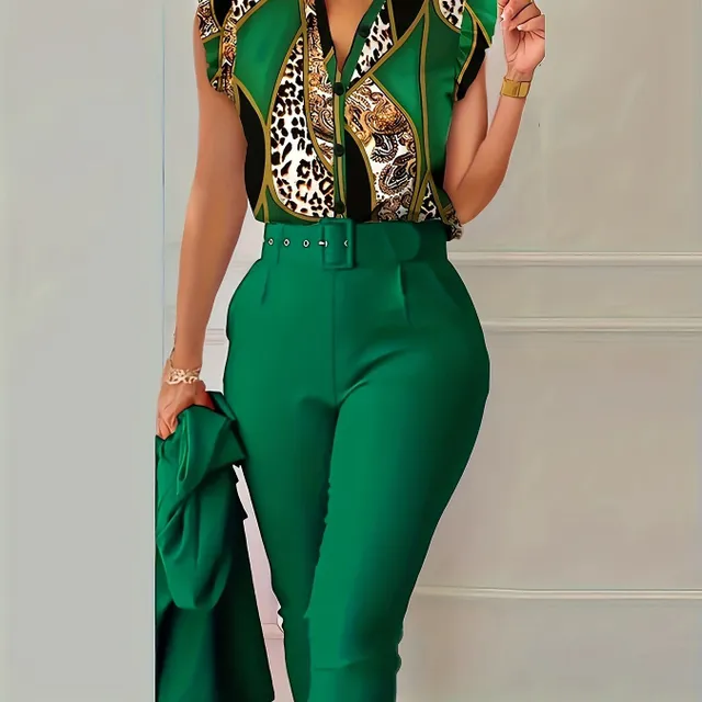 Two-piece set of coloured blocks with leopard printing, top part with button and tight trousers with belt, women's clothing