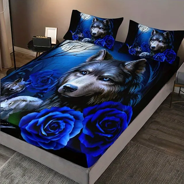 Stylish blue-pink sheets with wolf motifs, soft, breathable bed sheets on the mattress, for bedroom and guest room