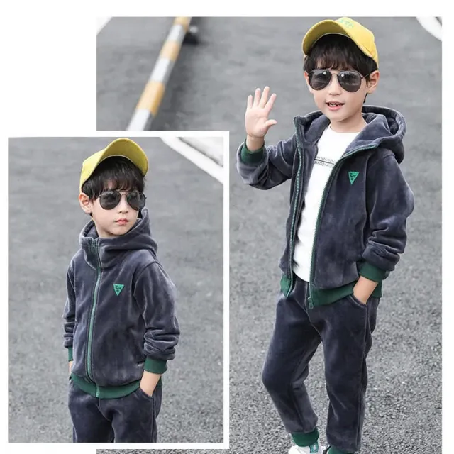 Children's double-piece suite made of Velura cloth with hood and letters for boys for autumn and winter