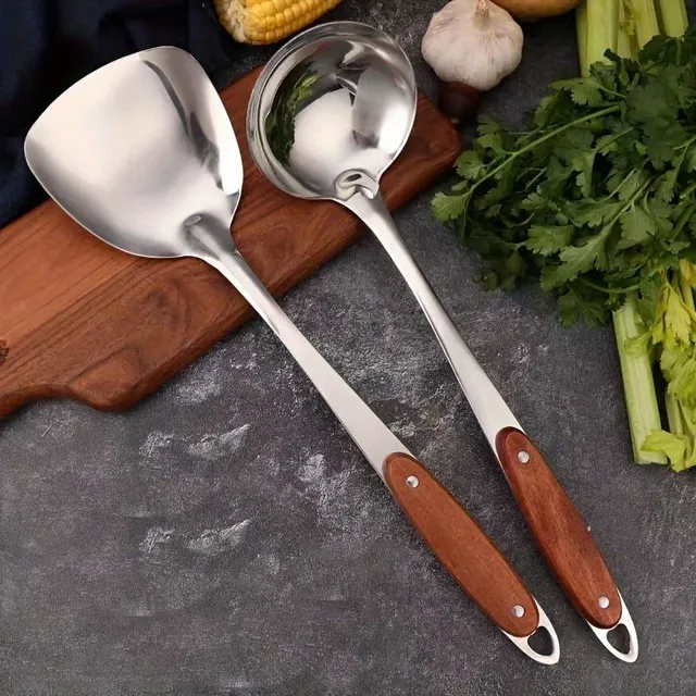 Spatule en acier inoxydable et cuillère à soupe avec manche en bois