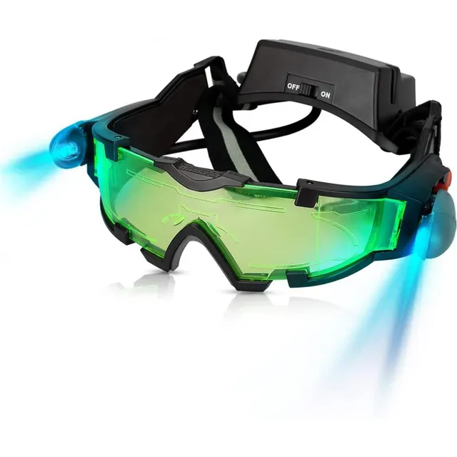 Brýle na noční vidění, nastavitelné špionážní brýle na noční mise s výklopnými světly a zelenými skly (bez baterií)