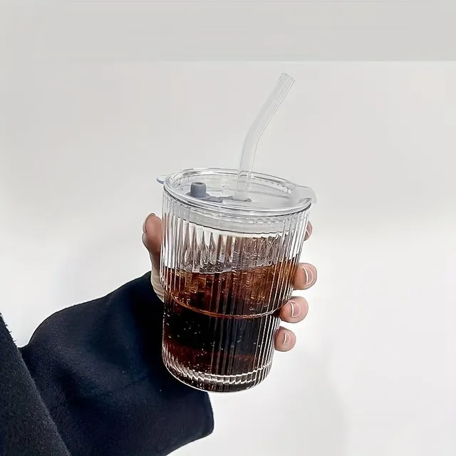 Glass coffee mug with lid and straw, 400 ml