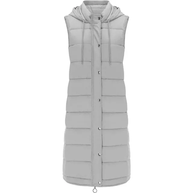 Long women's outdoor vest with hood and feather stitching