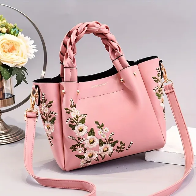 Elegant bag with floral embroidery and removable strap