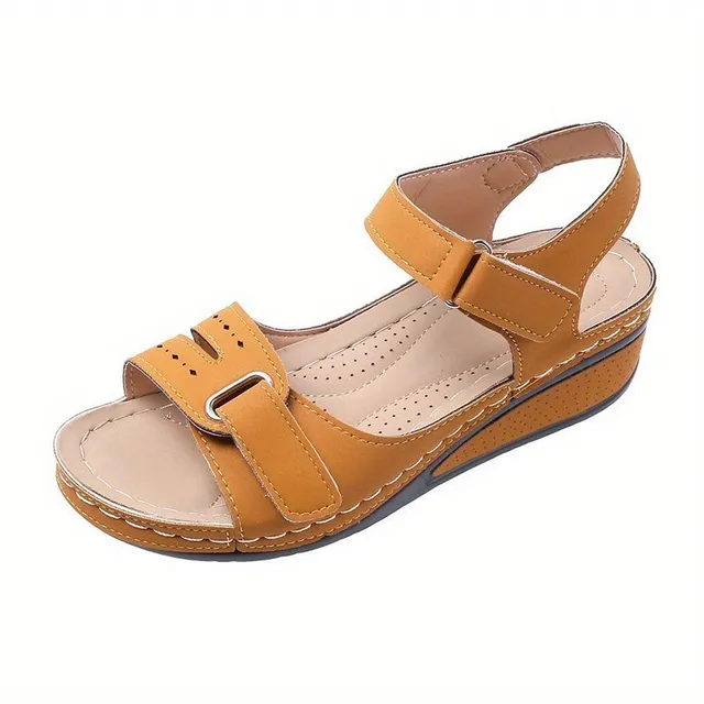 Women's sandals with retro-style wedge, single-colored, open tip and Velcro clamping