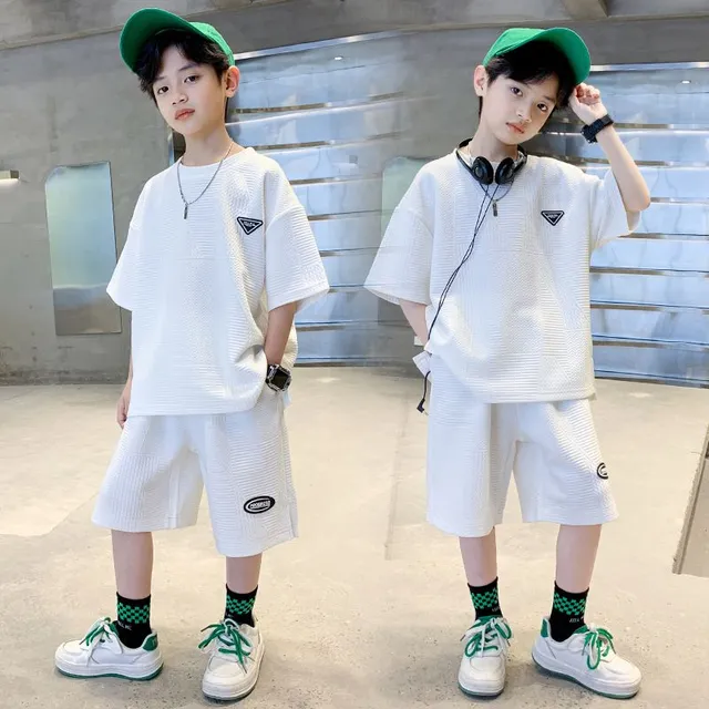 Boy summer set T-shirts and shorts, comfortable, monochrome with patches