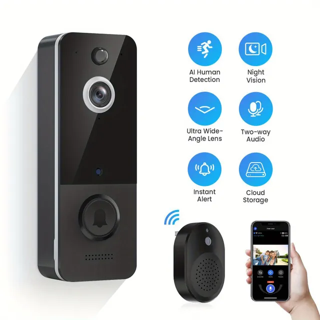 Wireless bell camera with smart chime, AI detection people, Cloud storage, HD image, two-way sound, night vision, 2.4G WiFi, battery