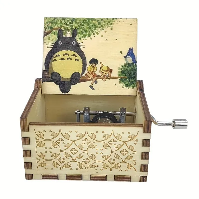 Small hand turned wooden box for melody with cartoon characters