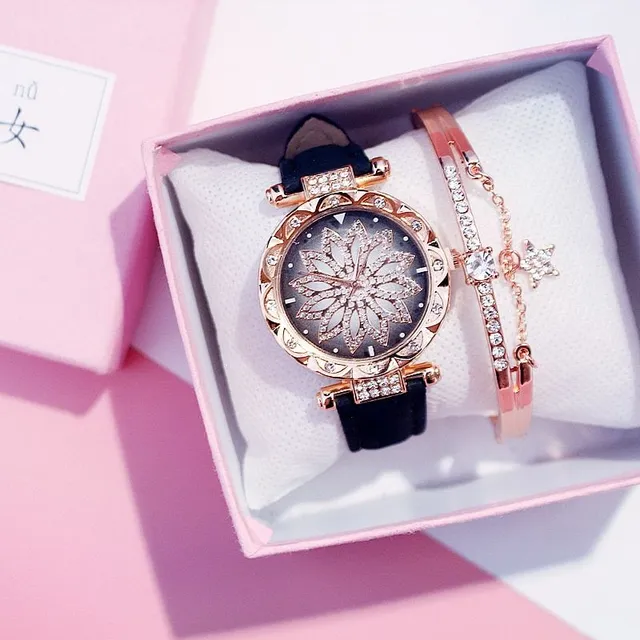 Luksusowy zegarek dla kobiet z brokatem i bransoletką