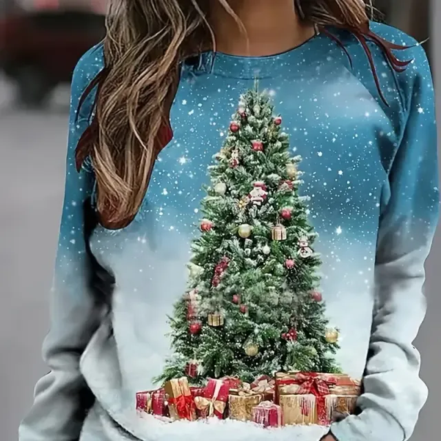 Women's Christmas sweater with tree printing, casual long sleeve, round neckline