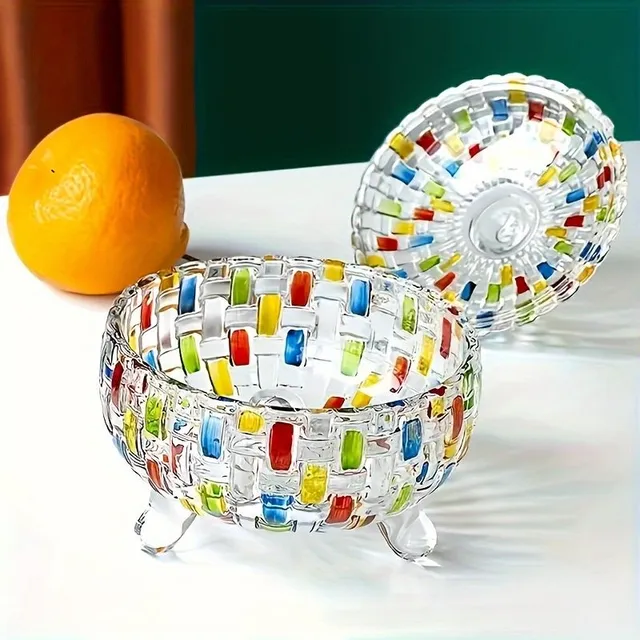 Glass container with lid, plethora pattern, mosaic, decorative candy bowl