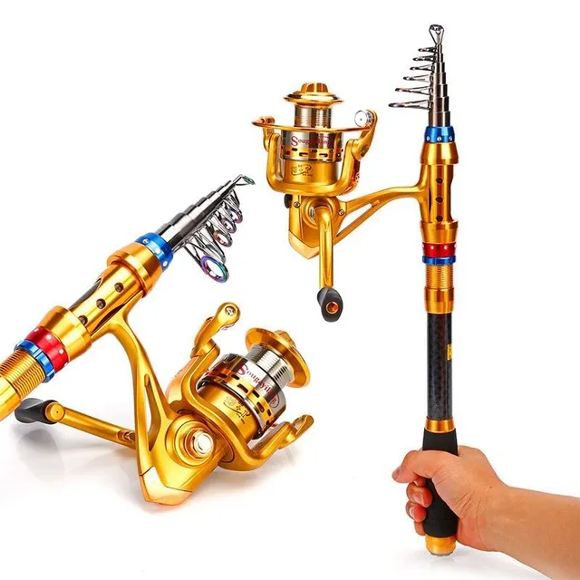 Telescopic fishing rod made of carbon with spinning winch, travel set of rods and reels for freshwater and sea water, fishing set
